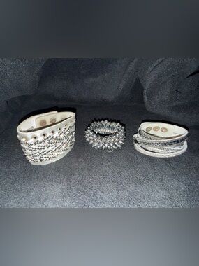 Studded Silver Bracelet Trio-some cracking in large leather bracelet see photos